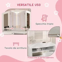Set da Trucco per Bambini con Tavolo Toeletta con Specchio Triplo Rimovibile e Sedia in Legno Bianco
