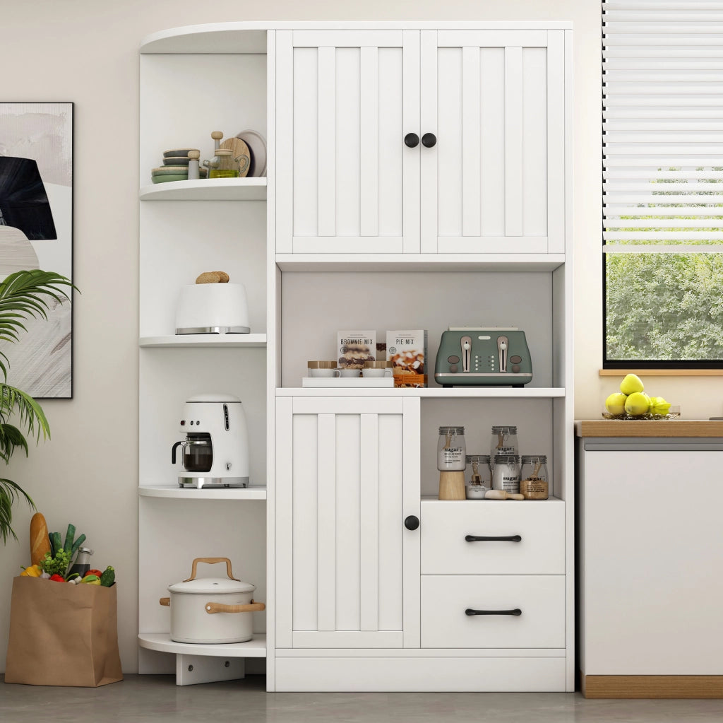 Vetrina angolare 104x35x155 cm con 3 armadi; 2 cassetti e 6 vani aperti; truciolare bianco