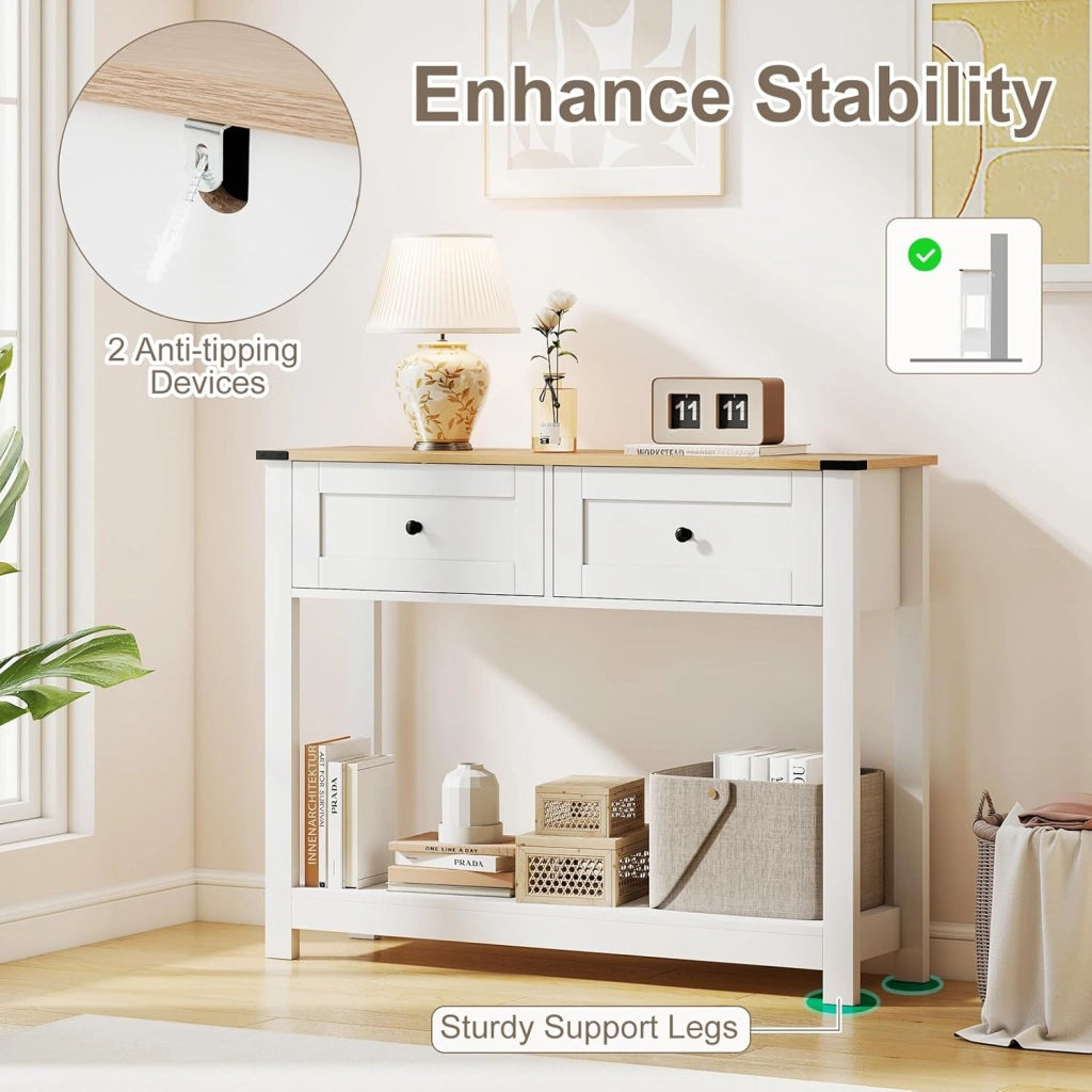 Tavolo Consolle Bianco 106 x 30 x 81,5 cm, Consolle Ingresso con 2 Cassetti e Ripiano Aperto, Tavolino Slim Salvaspazio Moderno per Soggiorno, Corridoio e Camera da Letto