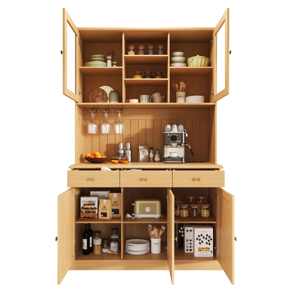Buffet alto 120 x 40 x 191 cm con ante in vetro, portabicchieri, ripiani regolabili e prese USB, colore naturale