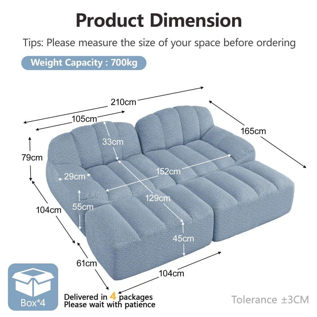 Divano modulare angolare con 2 ottomani, seduta ergonomica e schiuma 32d per soggiorno, in pile granulato blu