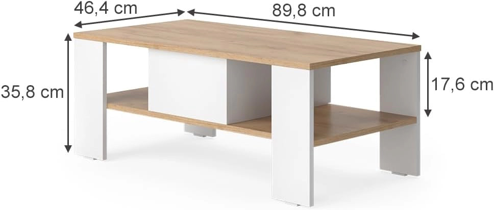 Tavolino Wilmut, Quercia dorata/bianco, 89.8 x 46.4 cm con cassetto, Superficie d’appoggio per riviste e telecomandi