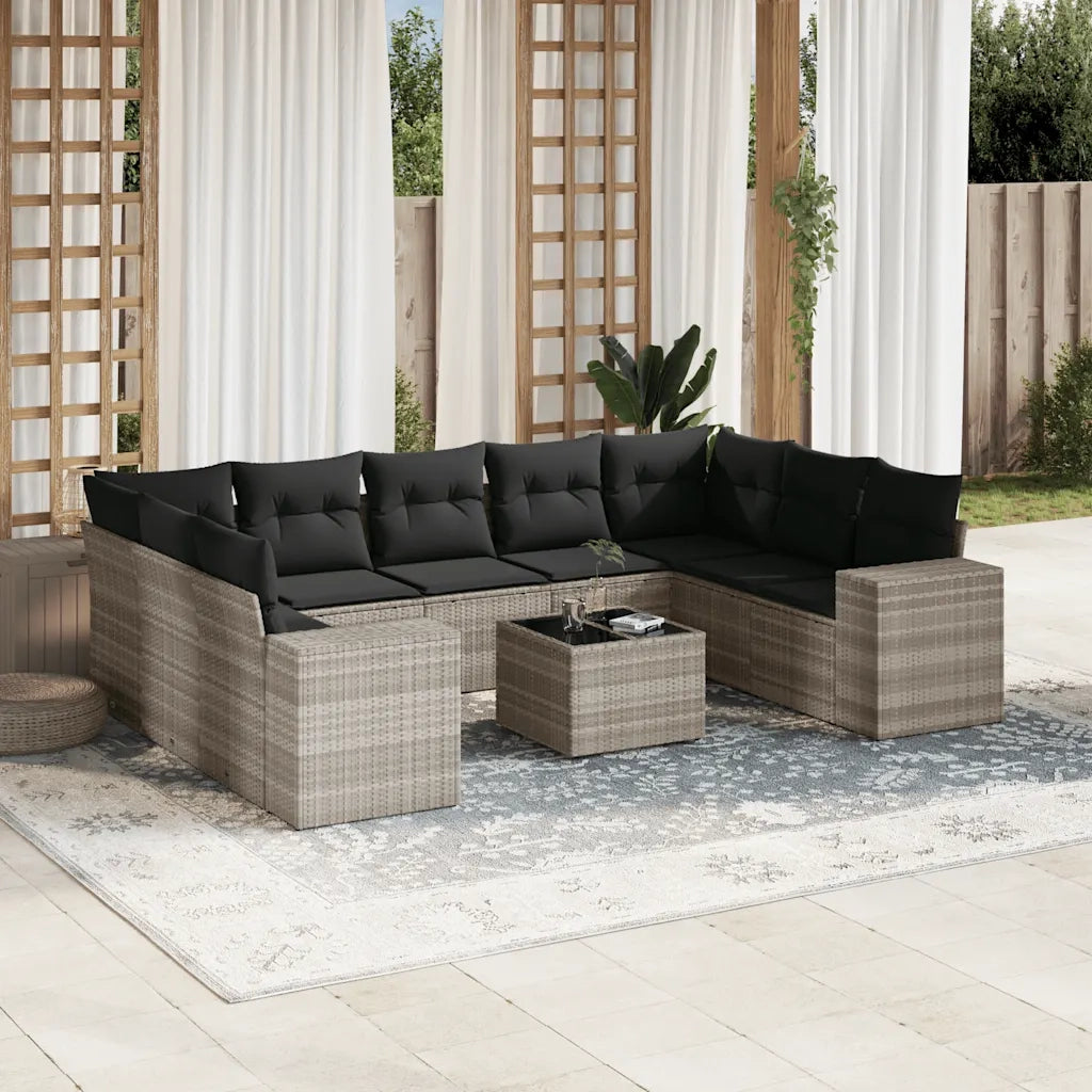 Set Divano Giardino 10 pz con Cuscini Grigio Chiaro Polyrattan