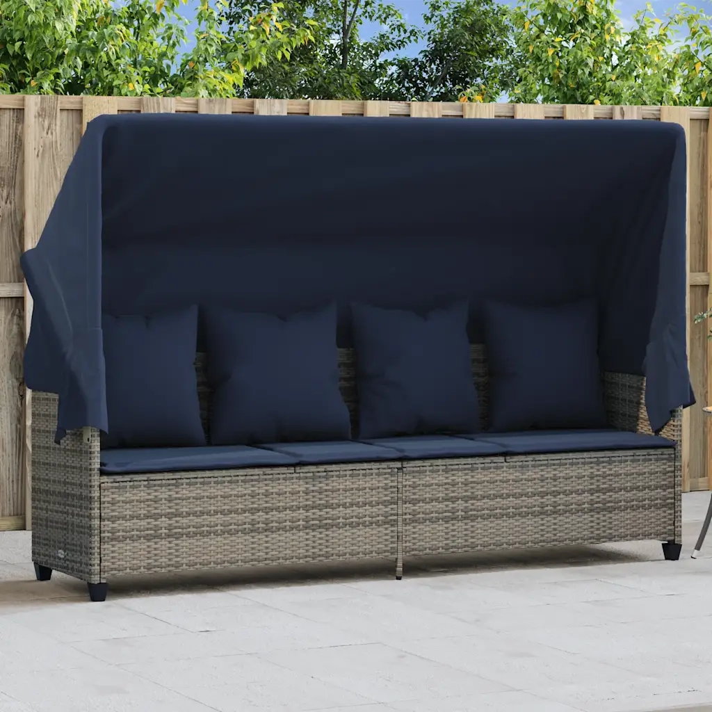 Lettino Prendisole con Baldacchino e Cuscini GrigioÂ Polyrattan