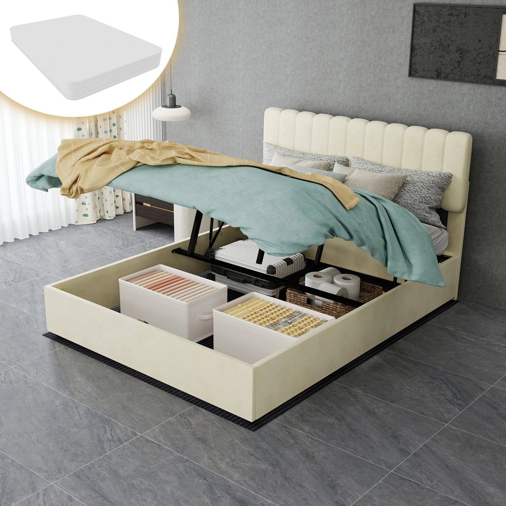 Letto Contenitore Imbottito con Testiera ¨C MINIMAL ¨C Beige 140x200 con Materasso