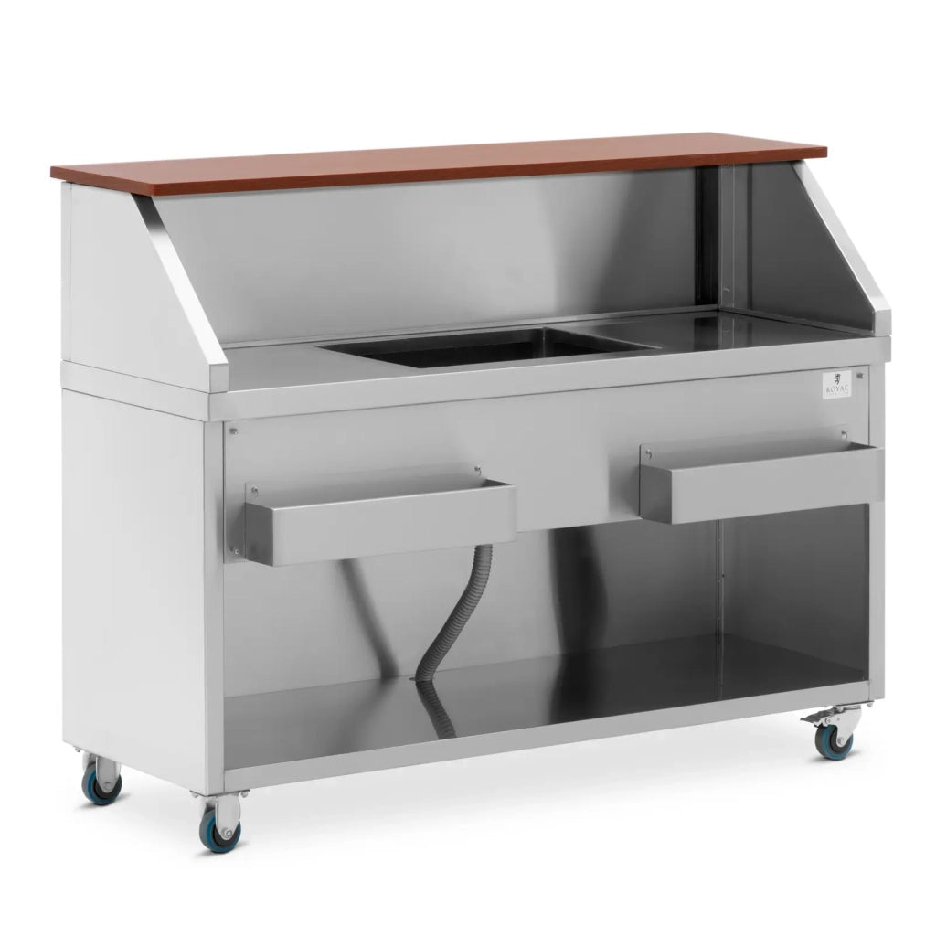 Mobile bar con vaschetta per ghiaccio e portabottiglie piano di lavoro 150 cm effetto legno acciaio inox 14_0008401