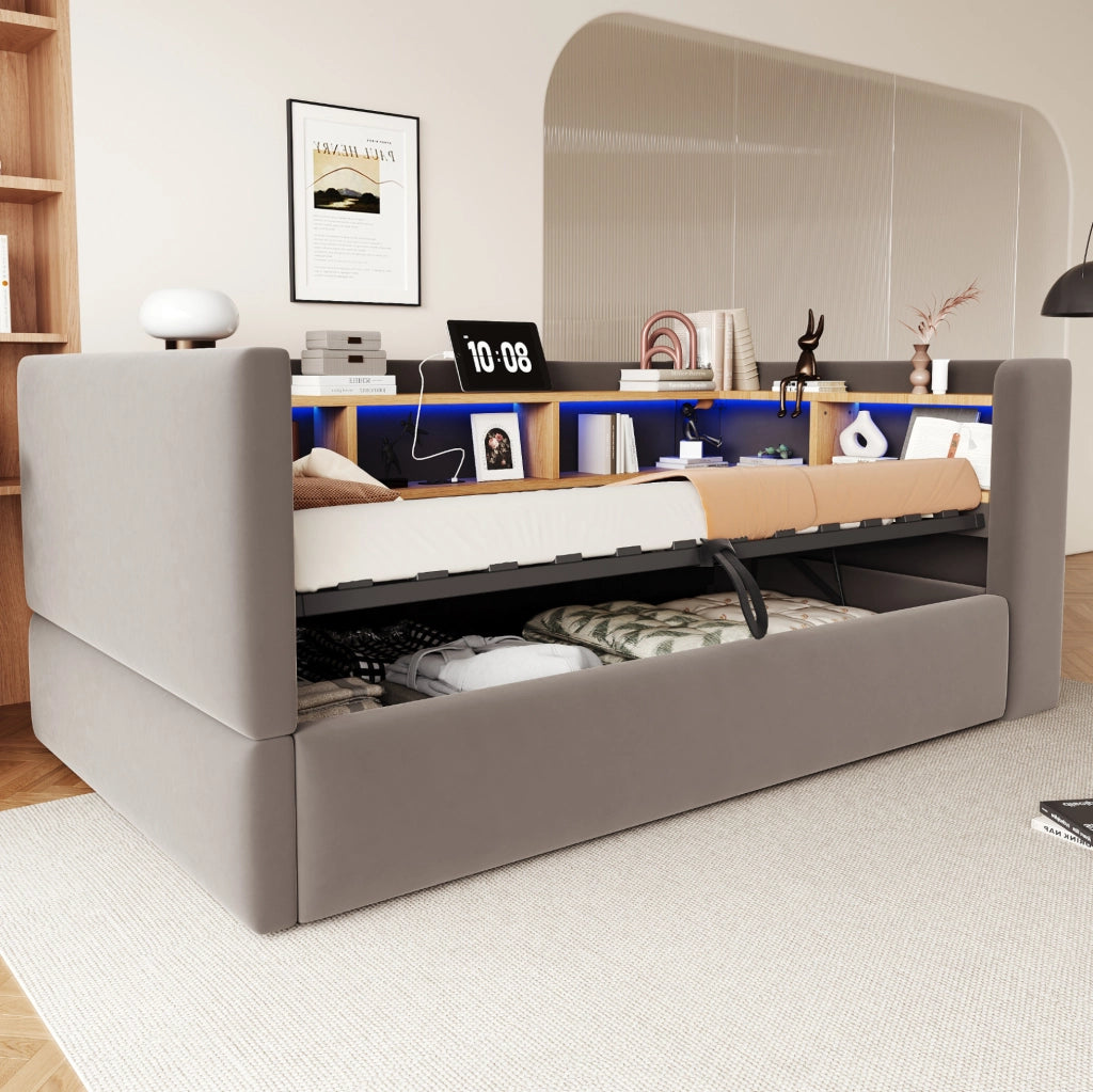 Divano letto 90x190 cm con contenitore idraulico; LED e prese in flanella grigio scuro