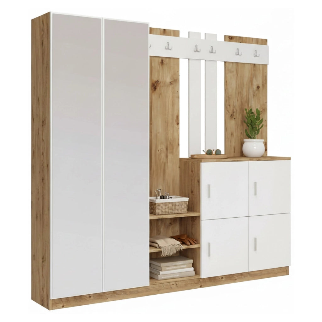 Mobile da ingresso Artin, Entratina appendiabiti, Composizione per atrio, Consolle portaoggetti multifunzione, 187x38h180 cm, Quercia e Bianco