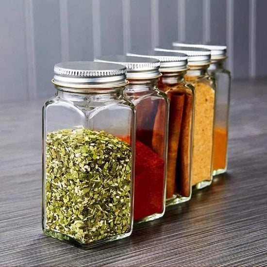 Set di contenitori per spezie, rettangolari, in vetro di alta qualità, con 12 pezzi, incluso strumento per spargere, cucchiaio e etichette per spezie, spazio per varie spezie, ordine per la cucina