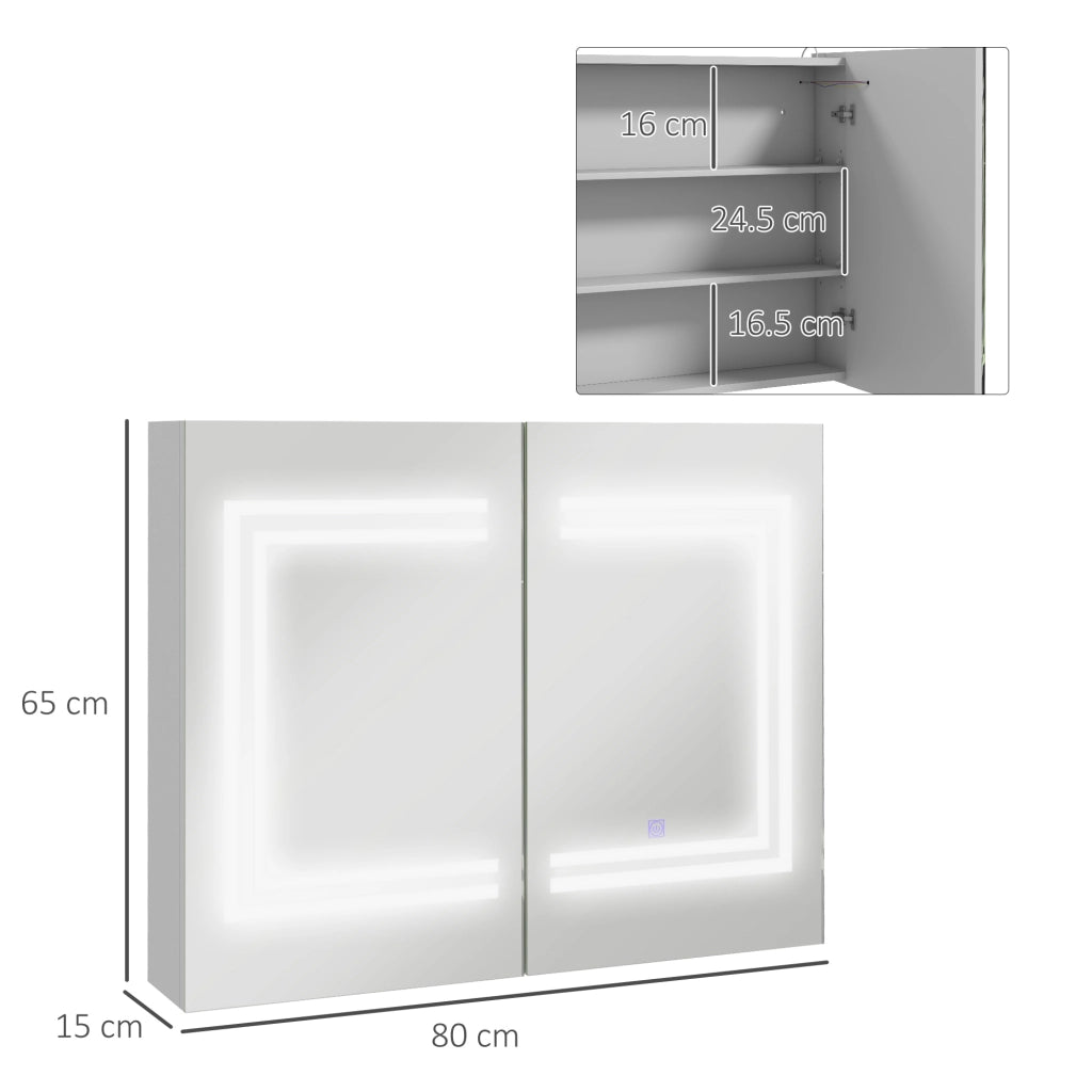 Specchio da Bagno Contenitore con Luce LED 80x15x65 cm Anta Soft Close Dimmerabile a 3 Colori Bianco Lucido