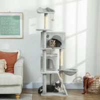 Albero Tiragraffi per Gatti Alto 160 cm con 2 Casette Amaca Lettino e Pali in Sisal Grigio