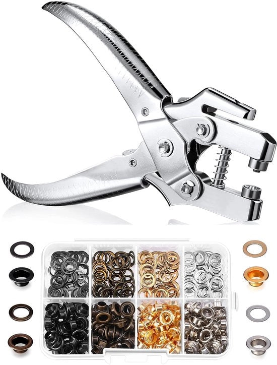 Set di occhialini 3/16 pollici, comprensivo di attaccapanni, perforatrice, attaccapanni a mano con chiusura a molla e 200 occhialini per scarpe, abbigliamento e borse (oro, argento, grigio e bronzo).