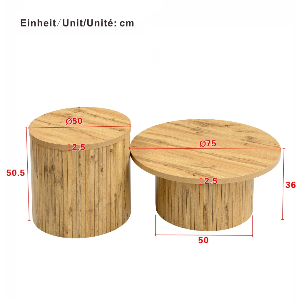 Tavolini bassi impilabili con 2 piani rotondi; design componibile per soggiorno; in MDF; 75 × 75 × 36 cm; Naturale