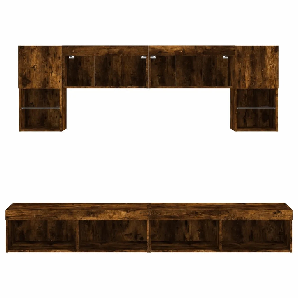 Mobili TV a Muro con LED 6pz | Armadietto TV | Mobile Porta TV Rovere Fumo in Legno Multistrato