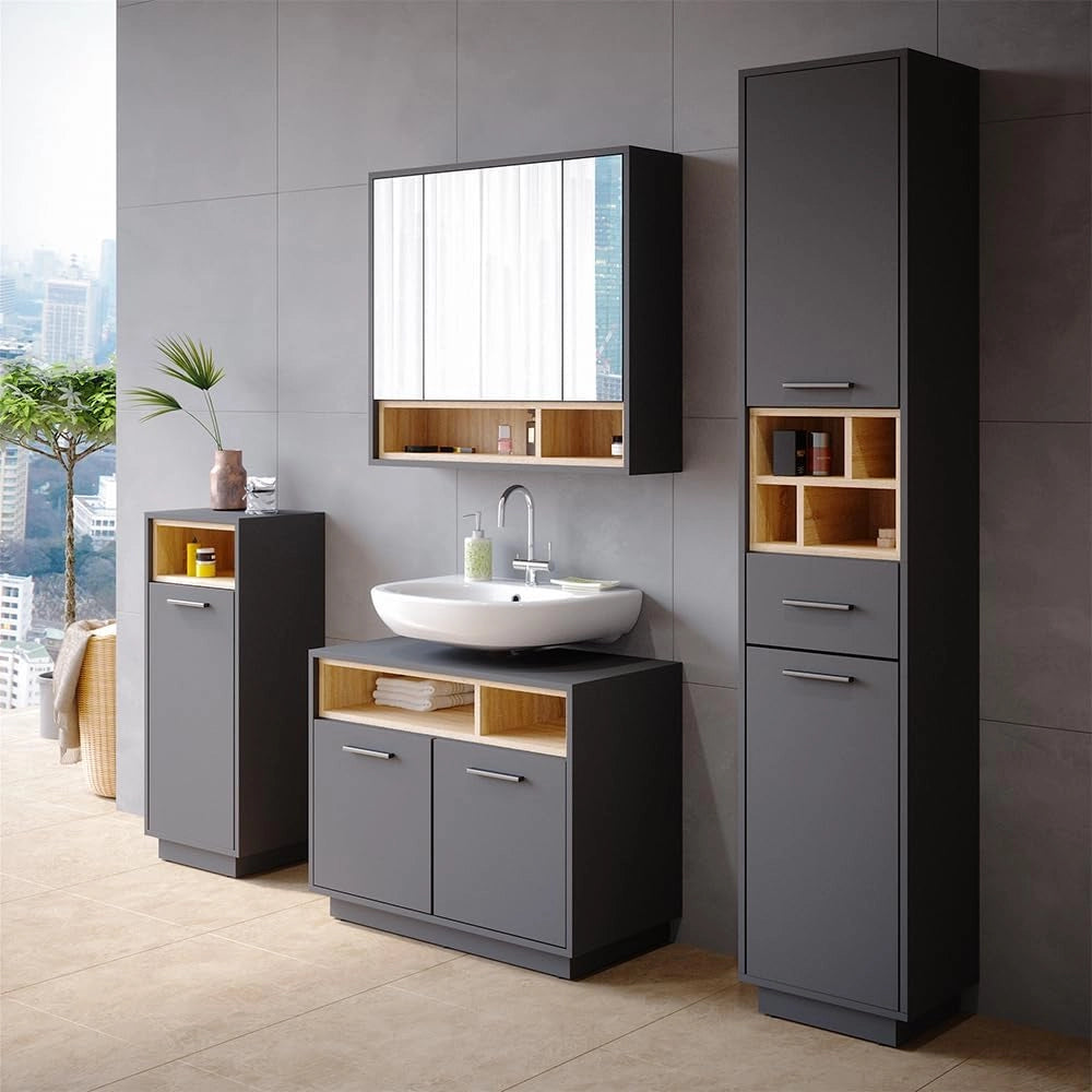 Mobiletto bagno Beatrice, Antracite, 38 x 93 cm, per la conservazione in bagno abbinabile alla serie Beatrice