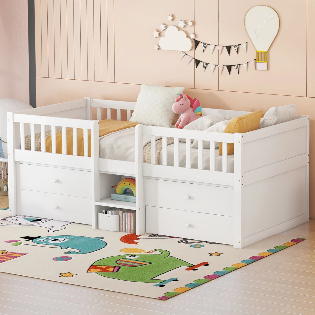 OKWISH Letto a Mezz’altezza 90×200 cm, Letto Singolo con 4 Cassetti, Spondine di Sicurezza e Scala, senza Materasso, in Pino, Bianco