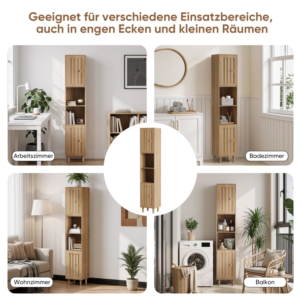 Armadietto da bagno con ante e vani aperti, stile mid-century, in MDF, rovere, per bagno e ingresso, 32 × 30 × 169 cm