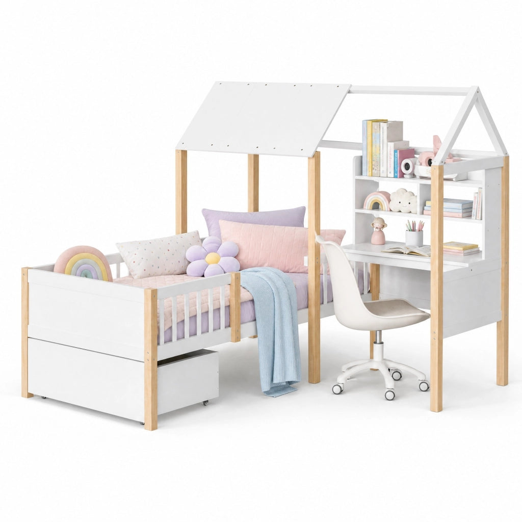 Letto a casetta per bambini 90x200 cm con scrivania; libreria e cassetti; bianco