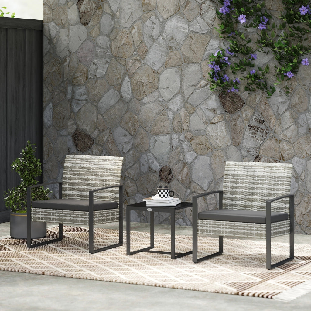Set giardino 3 pezzi ¨C zephmum ¨C 2 sedie con cuscini + tavolino in vetro e polyrattan, grigio chiaro