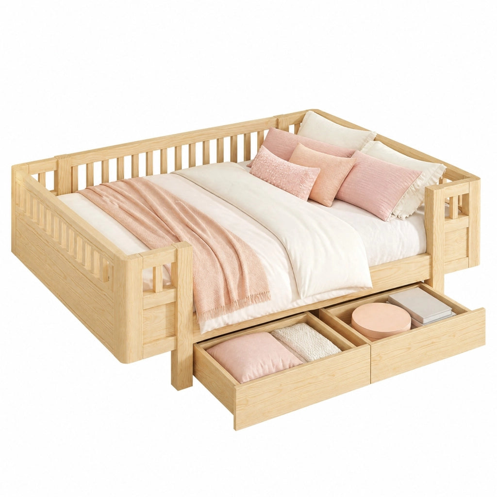 Letto con Sponda 140x200 cm; due cassetti; in Legno Massello e MDF; Colore Legno