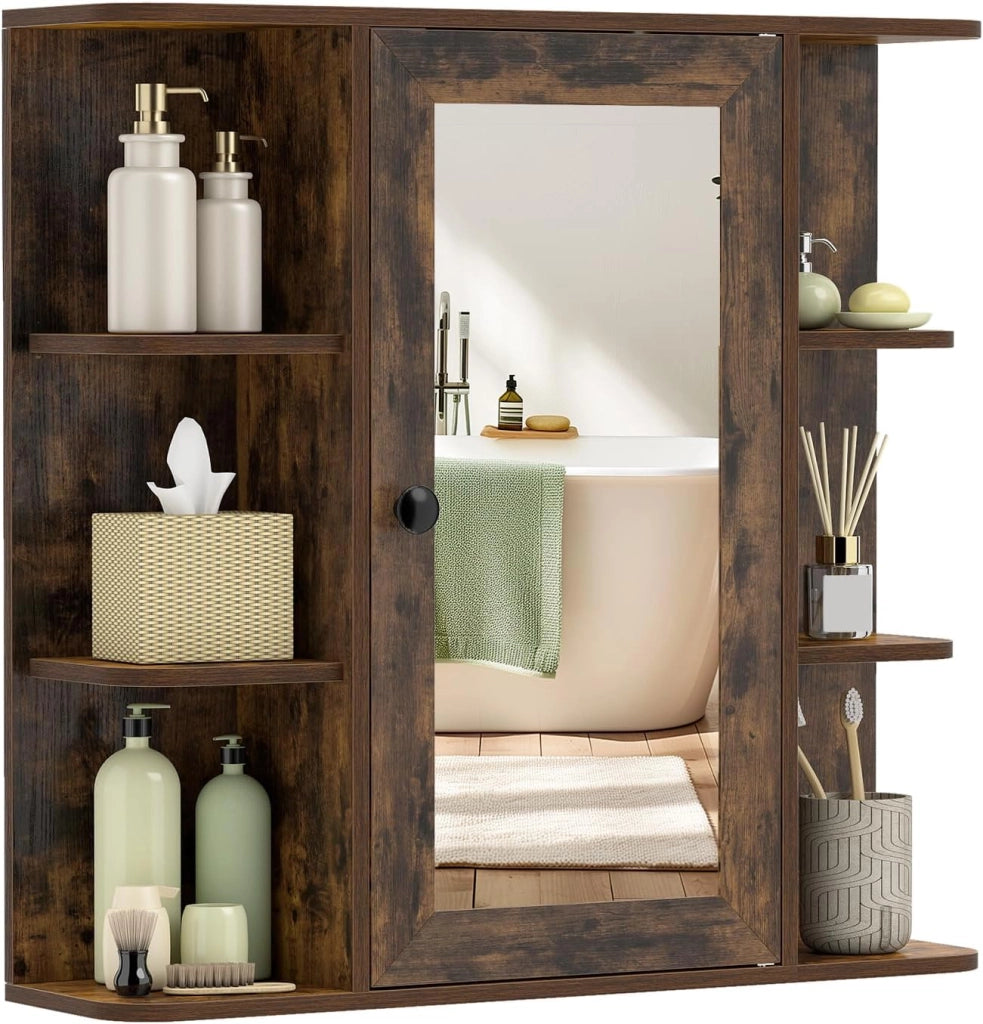 Mobile Bagno da Parete, Armadietto Pensile in Legno con 1 Anta, 6 Scomparti Aperti e 3 Ripiani, Mobiletto da Bagno Salvaspazio per Soggiorno e Camera da Letto, 66 x 16,5 x 63 cm (Marrone)