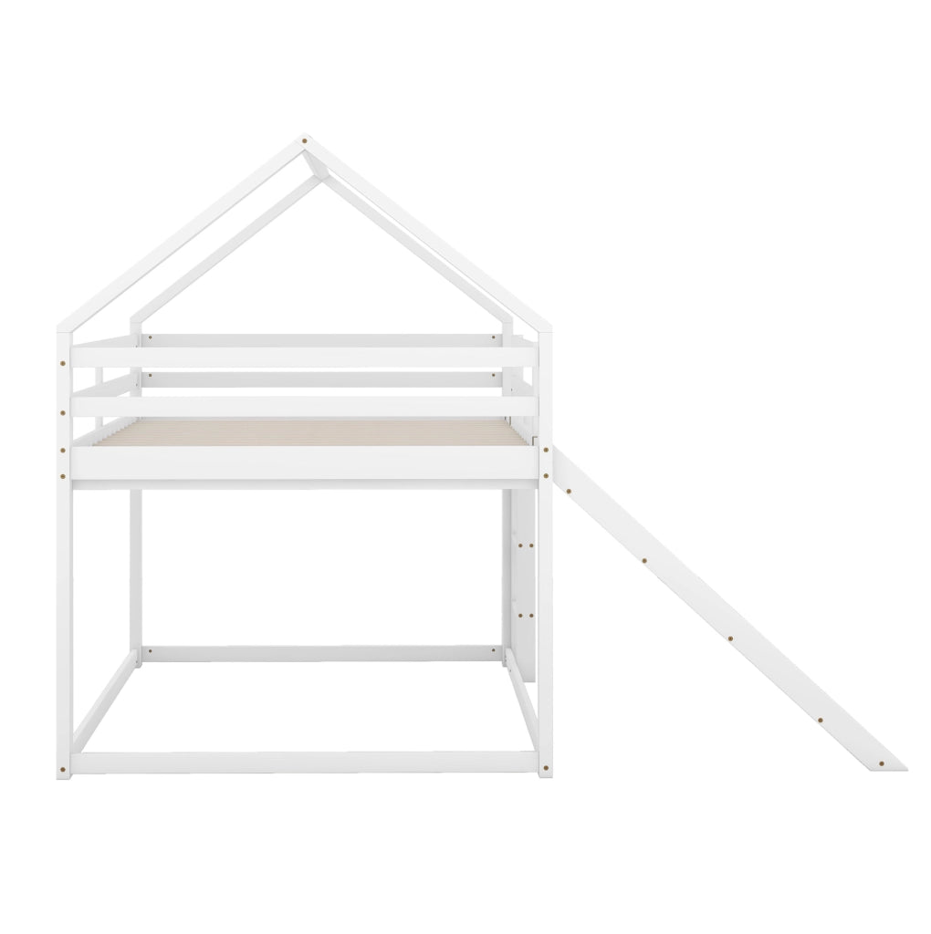 Letto a castello a casetta 140x200 cm con scivolo e scala; pino; bianco