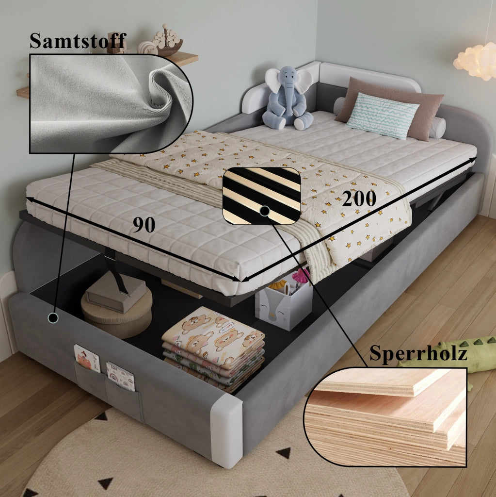 Letto imbottito per bambini con contenitore idraulico; velluto; 90x200 cm