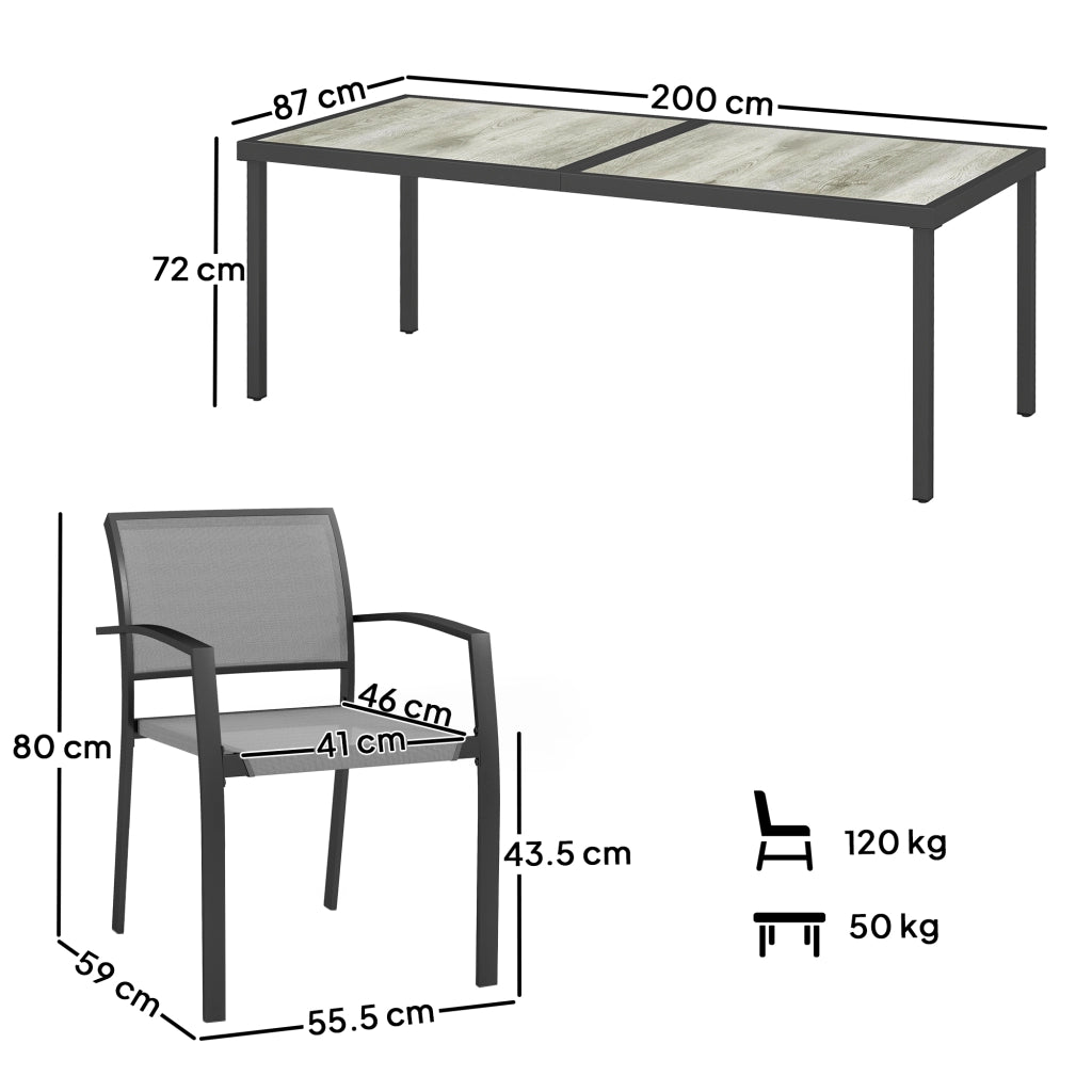 Set da Giardino con Tavolo da Pranzo Rettangolare e 8 Sedie Impilabili con Braccioli Grigio