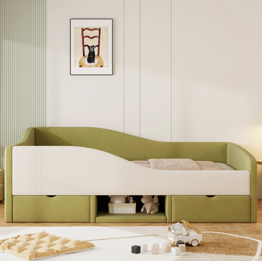 Letto imbottito per bambini 90 x 190 cm in velluto verde e avorio con 2 cassetti
