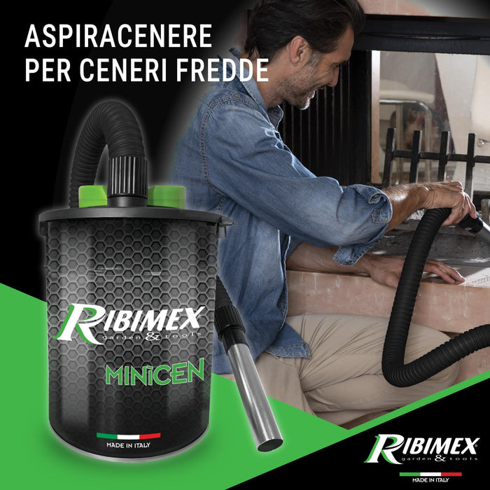 Aspiracenere Elettrico Minicen 800 Watt con Filtro HEPA Lavabile Bidone in Acciaio 10 Litri per Stufe e Camini Ribimex