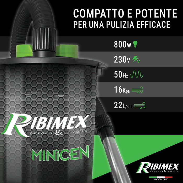 Aspiracenere Elettrico Minicen 800 Watt con Filtro HEPA Lavabile Bidone in Acciaio 10 Litri per Stufe e Camini Ribimex