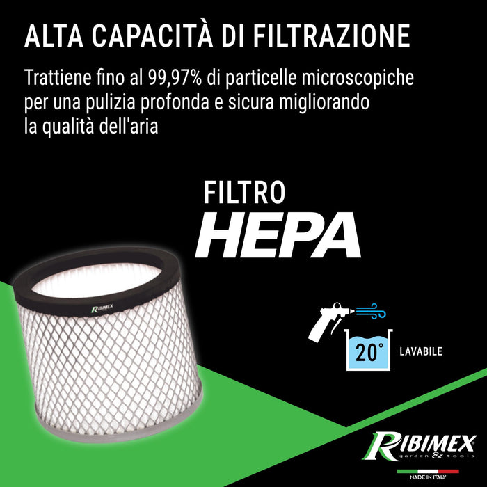 Aspiracenere Elettrico Minicen 800 Watt con Filtro HEPA Lavabile Bidone in Acciaio 10 Litri per Stufe e Camini Ribimex