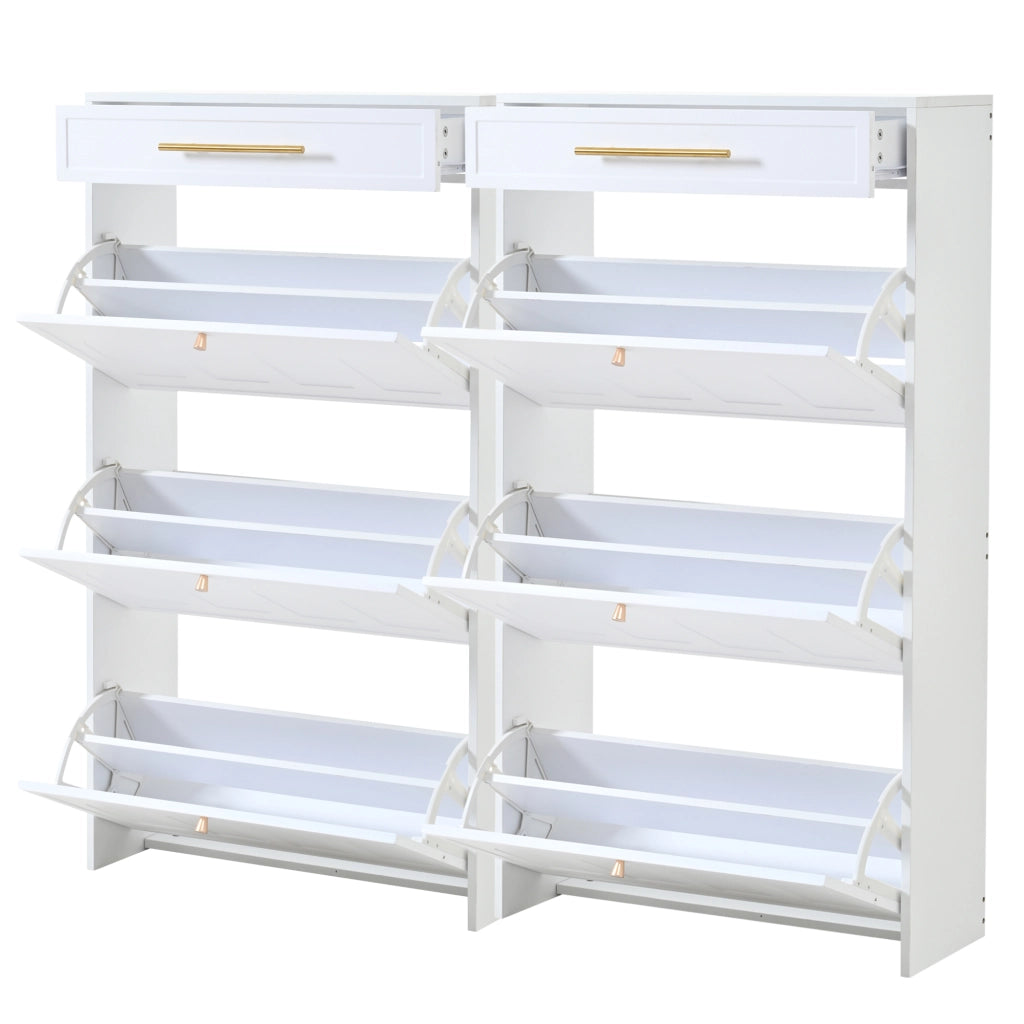Mobile portascarpe moderno compatto con 12 ripiani e 2 cassetti in MDF bianco