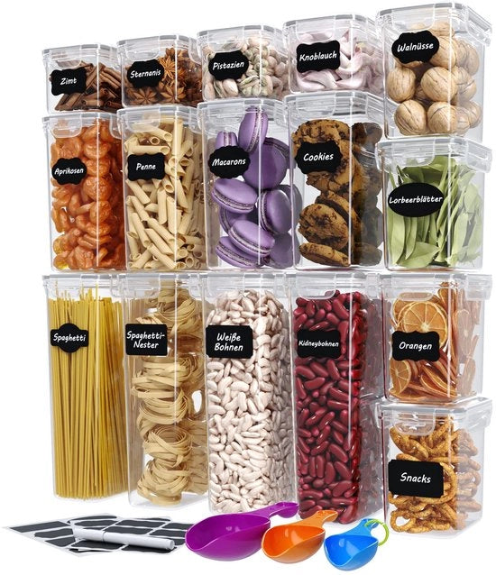 Set di conservazione alimentare con etichette, matite e calibri. Scatole di conservazione alimentare con coperchio, BPA libero, a tenuta di aria, impermeabili e lavabili in lavastoviglie. Quantità: 16 pezzi.