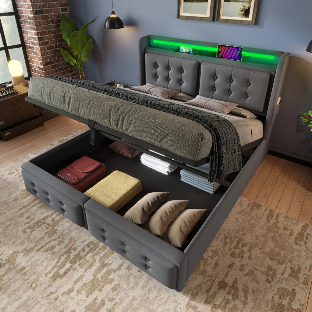 OKWISH Letto Contenitore 180×200 cm, Letto Matrimoniale con LED Regolabile, USB, Tipo C e Prese, senza Materasso, in Tessuto Cotone Lino, Grigio