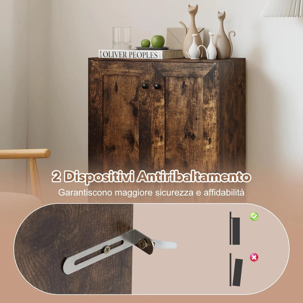 Mobile Bagno da Terra, Armadietto da Bagno in Legno con con 2 Ante e 3 Ripiani Regolabili, Credenza Indipendente per Soggiorno, Sala da Pranzo e Cucina, 60 x 30 x 80 cm