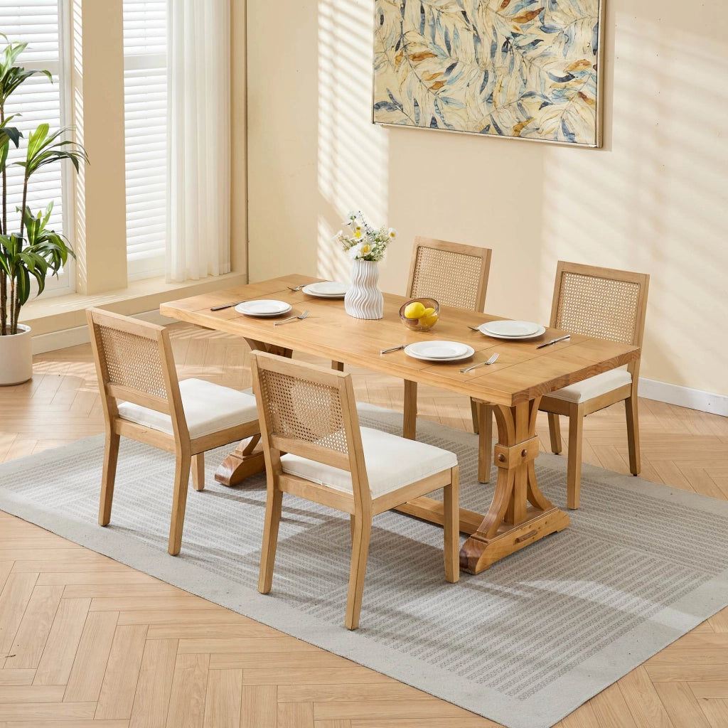 Set di 2 sedie da pranzo, schienale in vimini, stile rustico, struttura in legno, seduta imbottita, colore legno naturale e beige