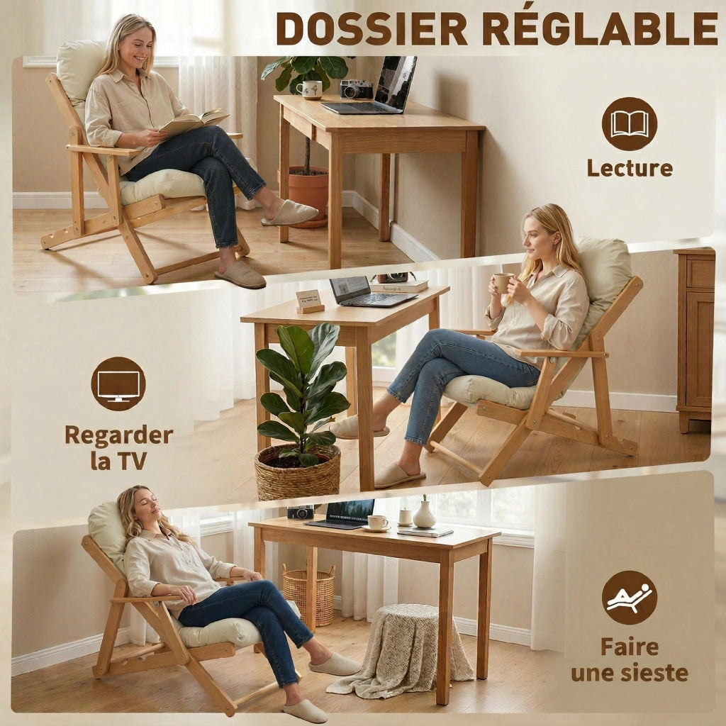 Poltrona Relax Pieghevole e Reclinabile in Legno con Cuscino ¨C zephmum ¨C Grigio