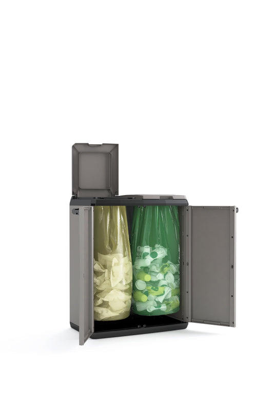 Armadietto Raccolta Differenziata in Resina con 2 Scomparti e Coperchi Superiori Colore Grigio e Nero Split Recycling Keter