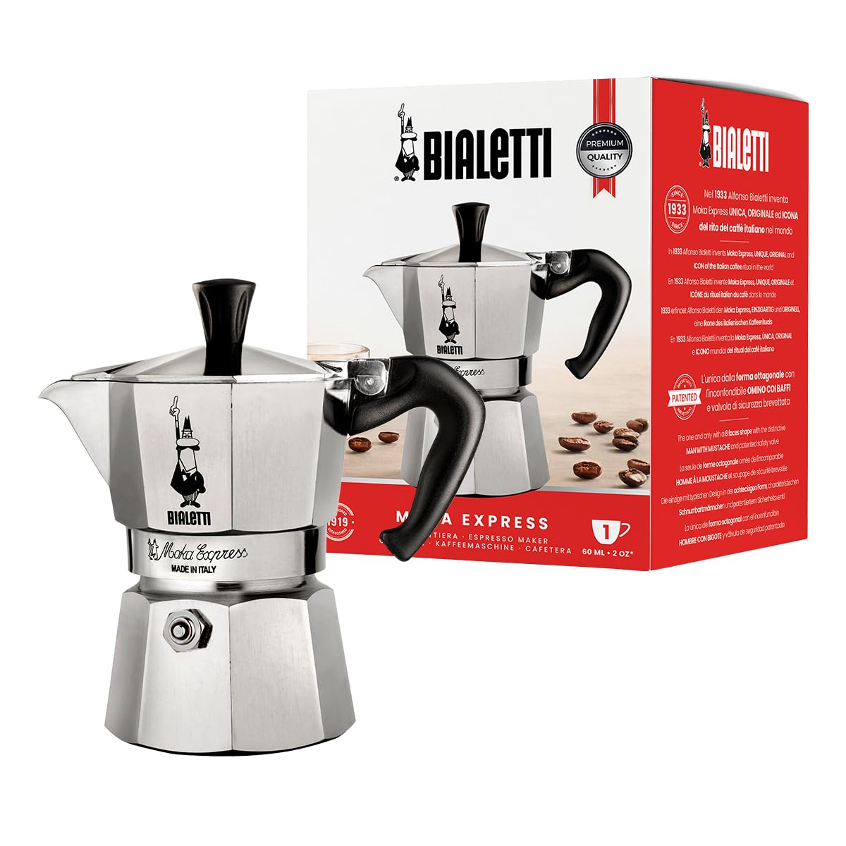 Caffettiera Moka Express Restyling 1 Tazza in Alluminio con Manico Ergonomico Made in Italy Bialetti