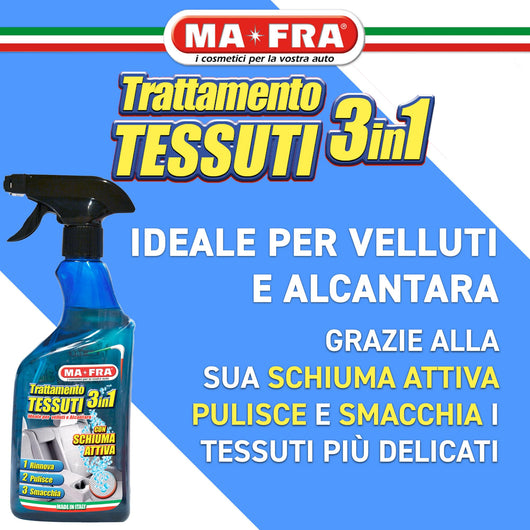 Trattamento Tessuti 3 in 1 Detergente Smacchiante e Ravvivante per Sedili e Tappezzeria Auto in Tessuto o Alcantara 500 ml Ma-Fra