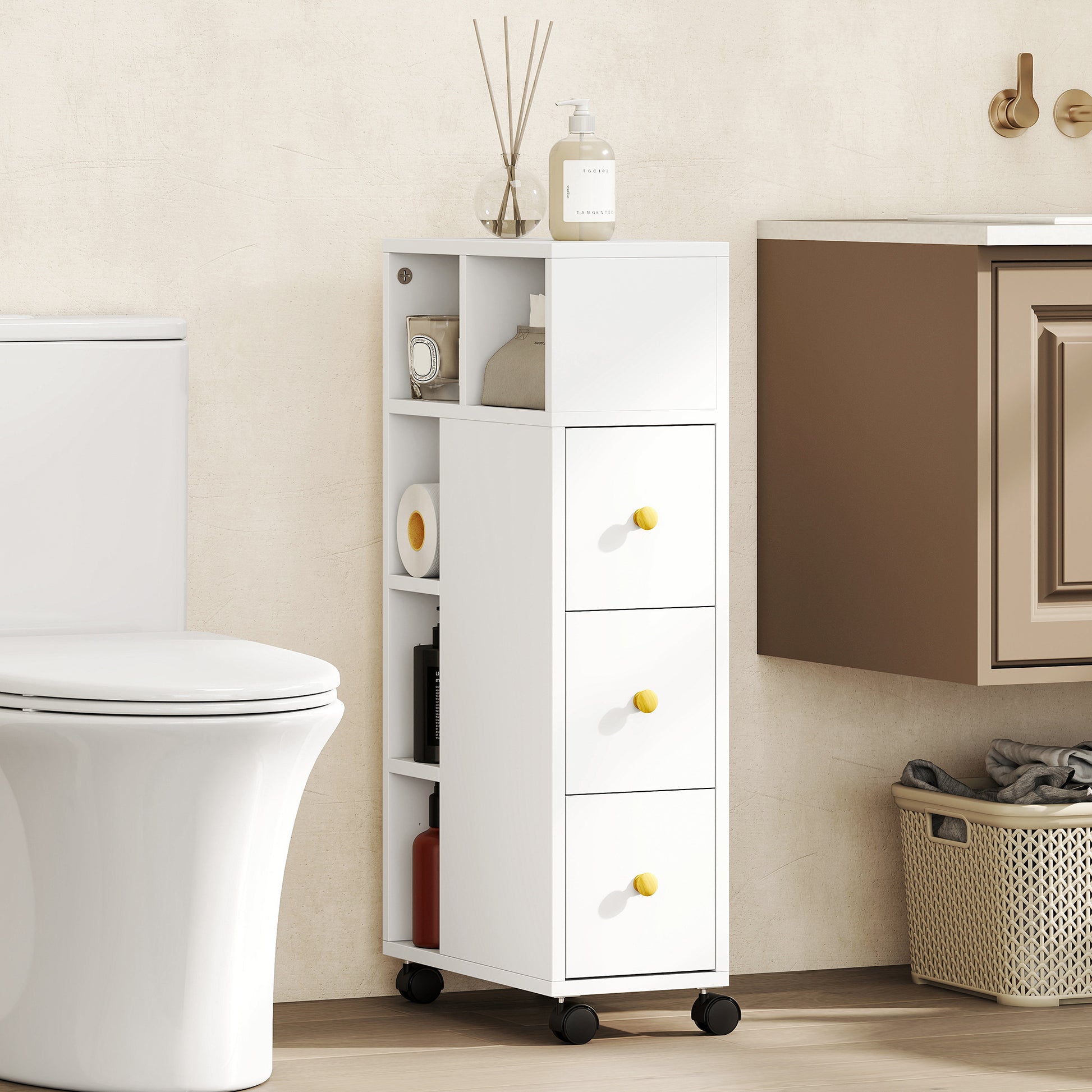 Mobiletto Bagno Salvaspazio 20x40x80 cm con Ruote 3 Cassetti e 5 Vani con Ripiani Regolabili Bianco