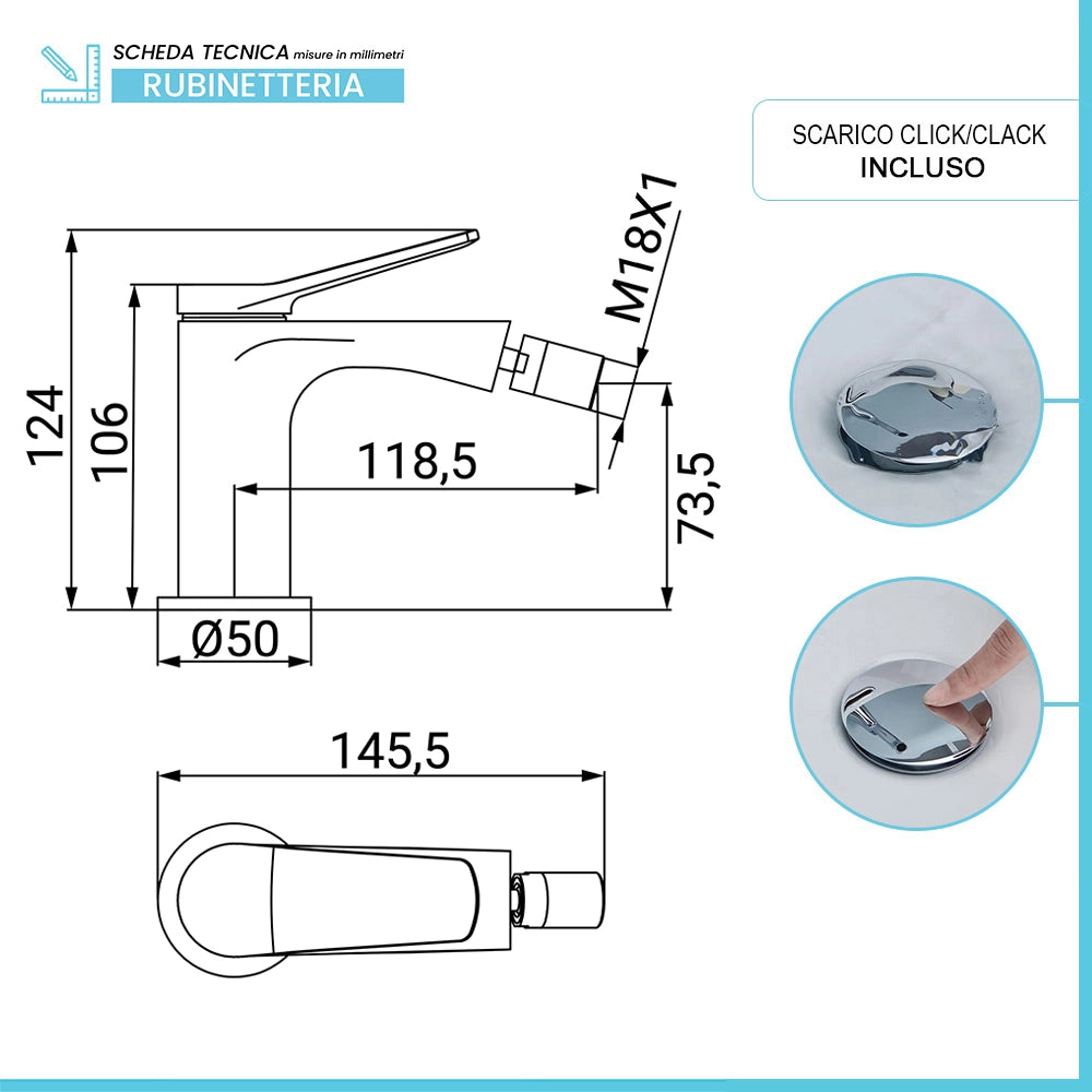 Set rubinetti lavabo alto e bidet in ottone cromo con piletta click clack linea Sound