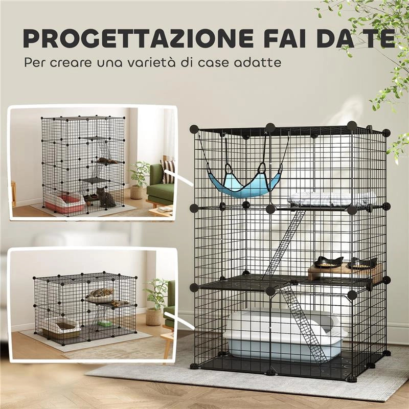 GABBIA PER GATTI RECINTO PERSONALIZZABILE 3 LIVELLI, 105CM, NERO
