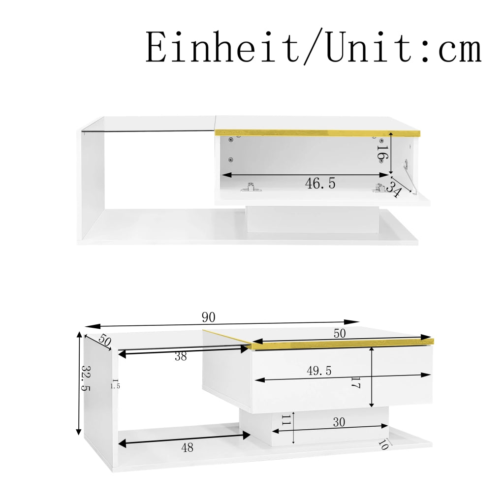OKWISH Tavolino da Caffè Rettangolare Moderno con Vano e Ripiani Aperti, LED, 90 × 50 × 32.5 cm, Bianco