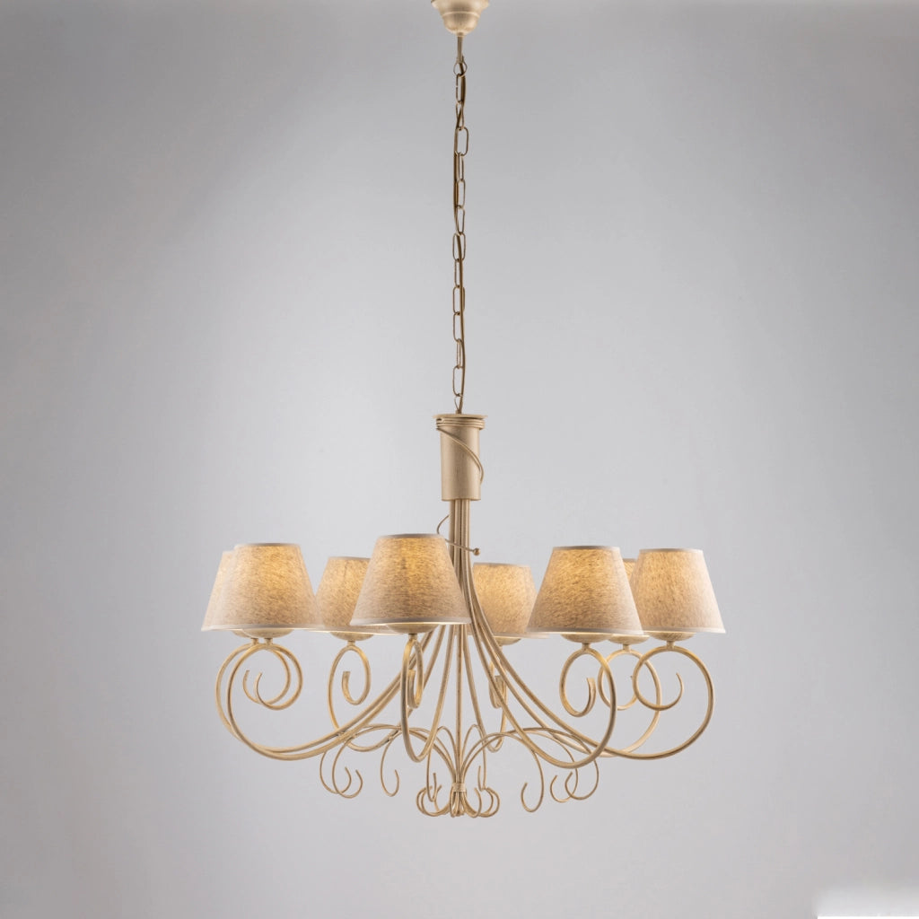 Lampadario 8 Luci Vienna Ferro Avorio E Oro Con Paralumi In Pvc