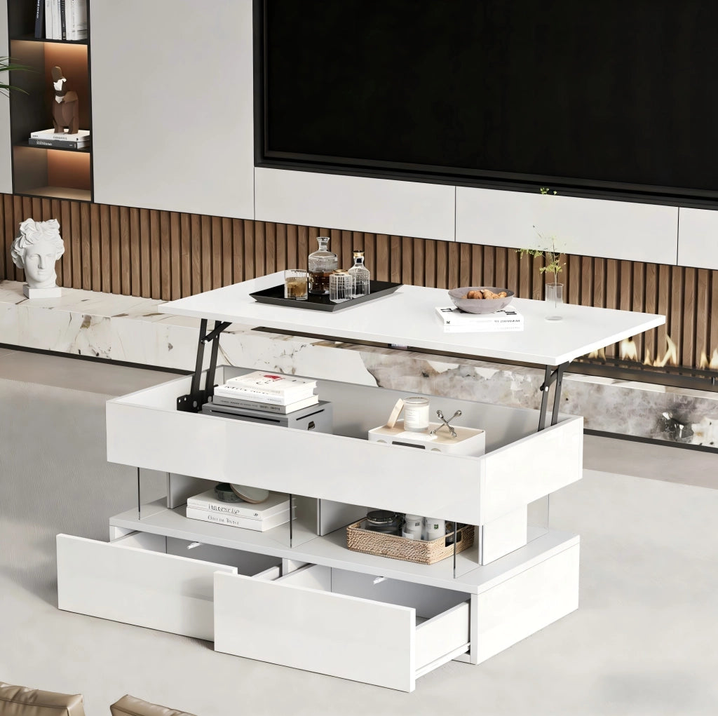 Tavolino da caffè elevabile LED bianco 100x50x46 cm