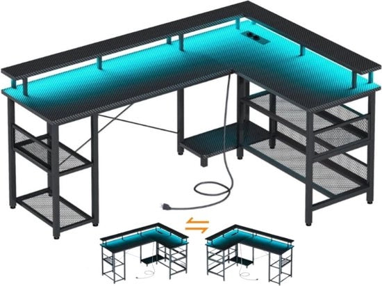 Bureau da Gaming con LED - 150 × 102 cm - Reversibile - con 2 prese di corrente e 2 porte USB - con piastra di alimentazione - fibra di carbonio