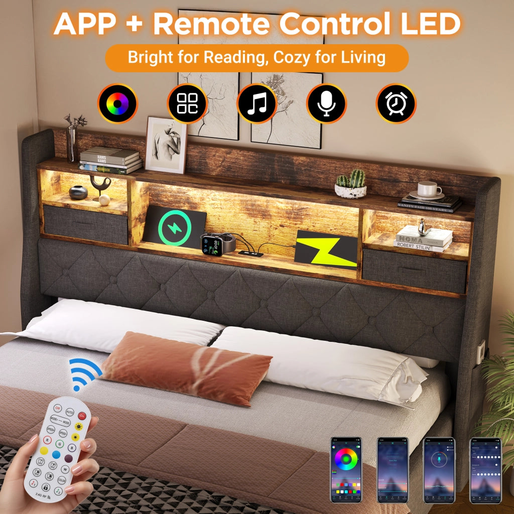 OKWISH Letto Contenitore 160×200 cm, Letto Matrimoniale con LED Regolabile, Porte USB e Tipo C, senza Materasso, in Lino, Grigio