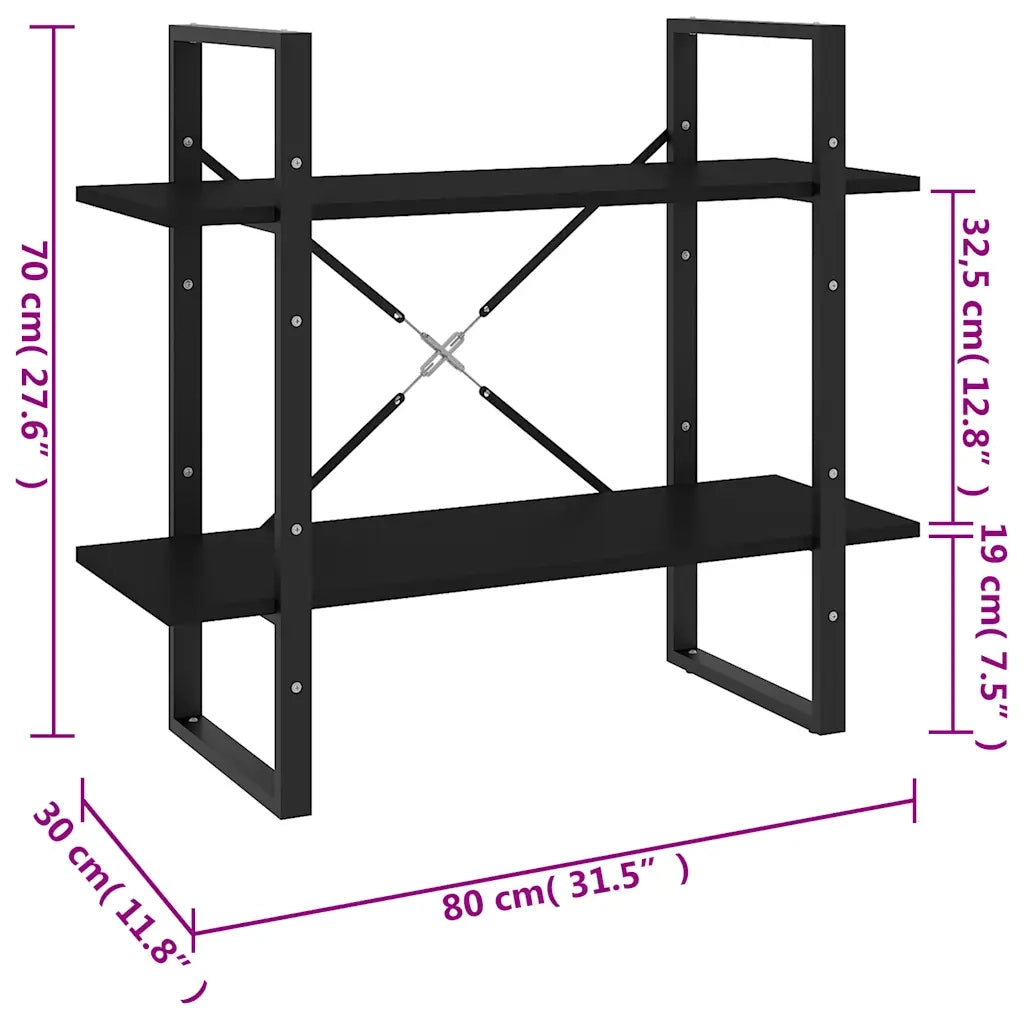 Libreria a 2 Ripiani-Scaffale per Libri-Mobile di Stoccaggio Nera 80x30x70 cm in Legno Multistrato
